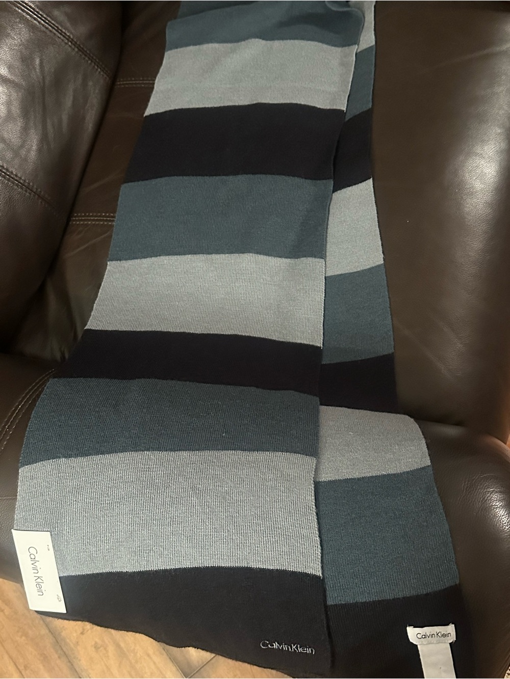 Calvin Klein Wide Striped Scarf in Dark Gray, Light Gray & Black
